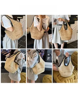 Collage of fashion straw tote bag showing various model outfits for beach and summer