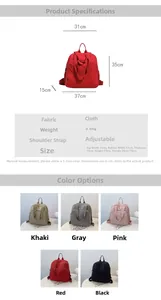 Especificaciones de tamaño y vista de colores de la mochila de nailon de gran capacidad