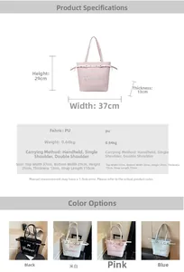 Détail du sac cabas rose à nœud avec dimensions et quatre options de couleurs
