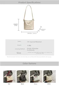 Detailed size parameters and color options of the bow knot bucket bag for women