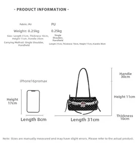 Guide des tailles du sac à main à pois en PU montrant les mesures 31x11cm