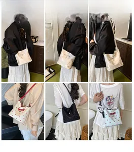 Six-grid display showing various styles of bow knot bucket bags with pearl charms