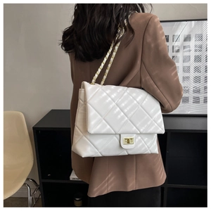 Detail of white quilted leather chain bag with gold twist lock for stylish daily commute