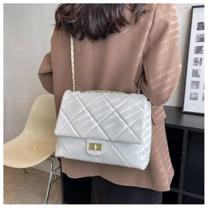Close-up of quilted leather crossbody bag with gold-tone twist lock and chain strap
