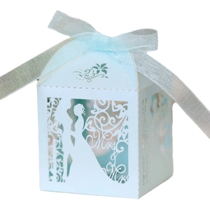 Light blue laser-cut hollow gift box with elegant female silhouette and Mrs text