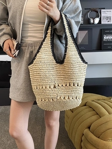 Women Large Capacity Straw Woven Bucket Bag Fashion Contrast Trim Shoulder Tote Beach Handbag Bohemian Style Summer Travel Bag