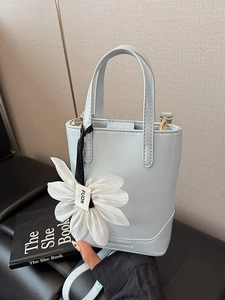 Women PU Leather Minimalist Bucket Bag With Large Flower Pendant Small Handbag Korean Style Crossbody Shoulder Bag For Daily Ladies