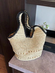 Summer woven straw tote bag in beige and black, large capacity for beach vacation