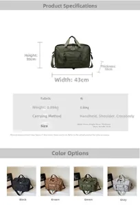Detailed technical dimensions and multi-color options for large capacity travel bag