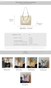 Detailed size specifications and color options for the large PU leather tote bag with chain