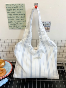 Minimalist blue and white striped canvas tote bag with single shoulder strap and magnetic snap