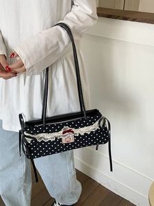 Sac à Épaule Vintage Doux à Pois Style Français Avec Nœud en Dentelle Élégant Sac Sous le Bras pour Femmes Quotidien Navette
