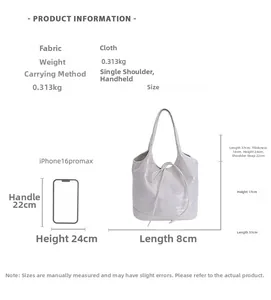 Size comparison and specifications of the light grey cloth tote bag with shoulder strap