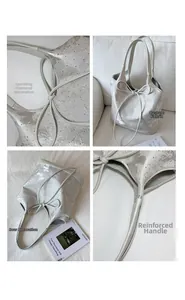Detail of silver bucket bag with butterfly jacquard fabric and rhinestone accents