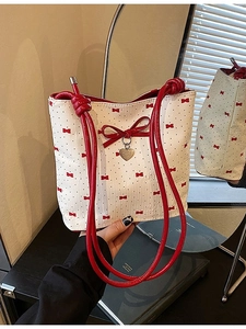 Women Sweet Bow Bucket Bag PU Leather Polka Dot Butterfly Print Shoulder Crossbody Bag With Heart Pendant Artificial Pearl Decor Handbag