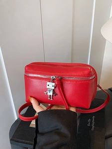Women's Fashion PU Leather Mini Box Crossbody Bag With Robot Charm Trendy Solid Color Small Square Shoulder Bag Daily Purse