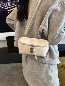 Fashionable cream white mini box crossbody bag with metal robot and leather tassel