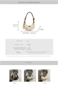 Detailed product specs of the half-moon PU leather bag with heart charm and knot handle