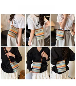 Multiple views of a colorful striped woven bucket bag worn by a model in soft indoor light