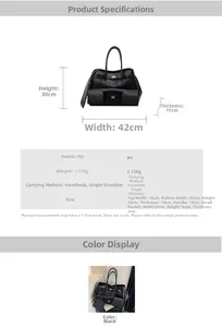 Detailed size chart and specifications for the large PU leather tote bag and small pouch