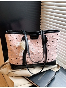 Large Capacity Tote Bag Pleated PU Leather Bow Print Shoulder Bag Women Sweet Artificial Pearl Heart Charm Daily Casual Handbag