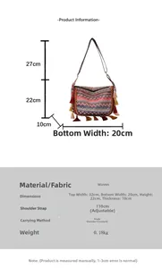 Detailed size chart of bohemian woven bag showing dimensions and adjustable strap