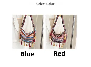 Ethnic style shoulder bag details featuring colorful fringe and geometric woven patterns