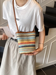 Multicolor Stripe Women's Straw Woven Bucket Bag Bohemian Summer Beach Shoulder Crossbody Bag With PU Leather Strap