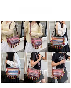 Close-up of bohemian saddle bags with colorful fringe and ethnic jacquard wide straps