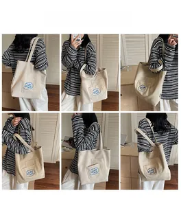 Detailed views of a beige canvas tote bag with exterior pocket shown on a model