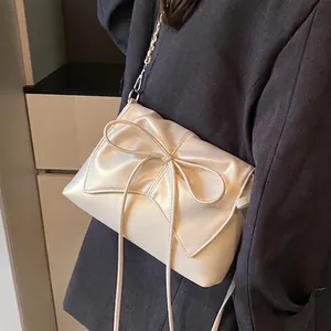 Women Fashion PU Leather Large Bow Shoulder Bag Sweet Ballet Style Metallic Chain Crossbody Bag With Ribbon Pendant