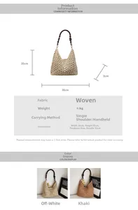Detailed view of woven tote bag with wooden bead straps showing dimensions and khaki color
