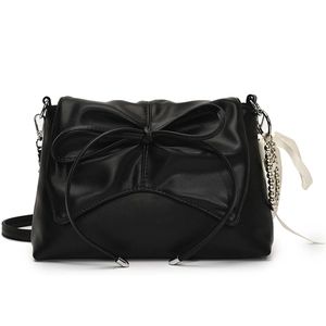 Balletcore black PU leather crossbody bag with bow decoration and silver chain strap