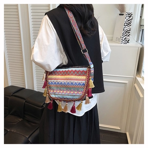 Detailed view of bohemian crossbody bag with colorful embroidery and tassel fringe decor