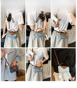 Detail view of denim texture crossbody bag showing multiple styling ways on a model