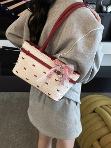 Borsa a Spalla alla Moda con Fiocco in Nastro Retro Pois in Pelle PU Borsa da Ascella con Ciondolo a Cuore per Donna
