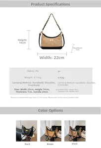 Vue détaillée du sac matelassé en cuir PU avec dimensions et options de couleurs variées