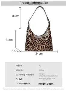 Detailed size specifications for a retro leopard print shoulder bag with dimensions