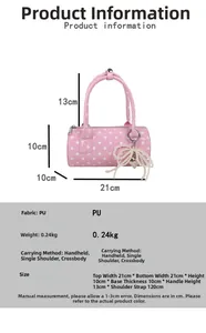 Tableau détaillé des tailles du sac polochon rose à pois avec pendentif cœur perlé