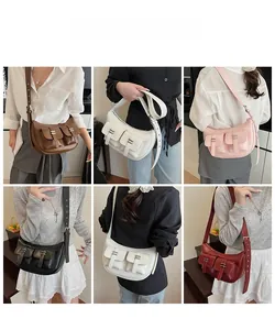 Collage showing six color variants of the faux leather crescent crossbody bag with straps