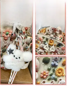 Detail of 3D embroidered flowers, bear motifs, and plush star pendant on canvas backpack