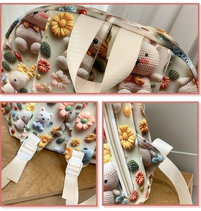 Detail view of 3D knit-print backpack featuring cute bears and daisy flower patterns