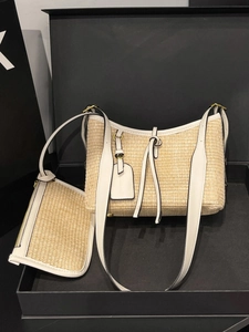 Women Summer Straw Woven Bucket Bag Set Bohemian Striped Underarm Shoulder Bag With Small Pouch Vacation Beach Handbag