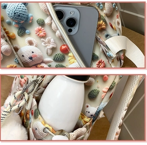 Detail of 3D crochet backpack showing internal zipper phone pocket and drawstring side water bottle pocket