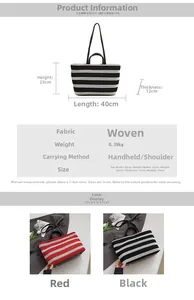 Spécifications de taille pour grand sac cabas rayé tissé, largeur 40cm et poids 0.39kg