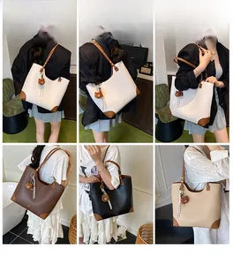 Detailed views of women large tote bag in four colors with cute bear charms