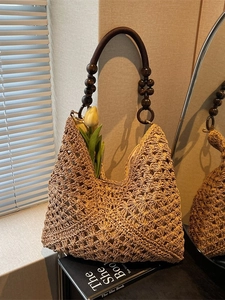 Handwoven straw tote bag with retro wooden beads handle for summer beach vacation