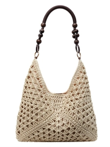 Handwoven summer tote bag with cream floral texture and brown wooden bead handles