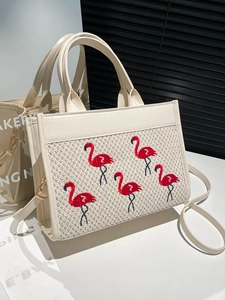Sac Fourre-tout pour Femme en Cuir PU Tissé avec Broderie Flamant Rose Grande Capacité Sac à Bandoulière Main pour Voyages Quotidien Mode