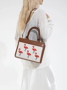 Grand sac fourre-tout avec broderie flamant rose et garniture en cuir marron élégante